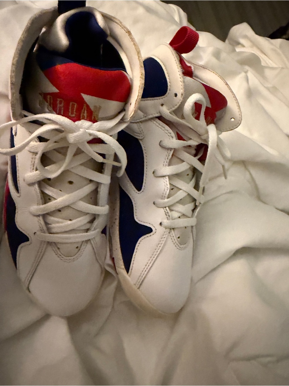 Jordan Kids White Sneakers with Blue Panels and Red Accents